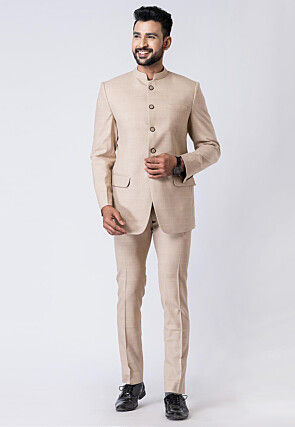 Solid Color Polyester Jodhpuri Suit in Beige