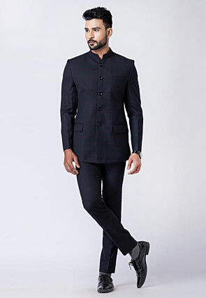Solid Color Polyester Jodhpuri Suit in Black