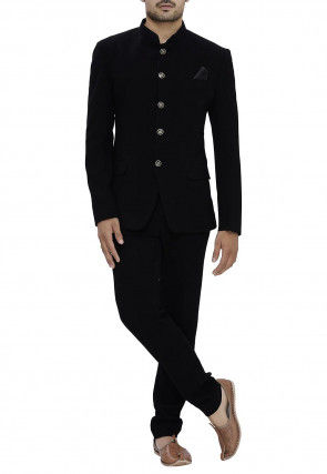 Solid Color Polyester Jodhpuri Suit in Black