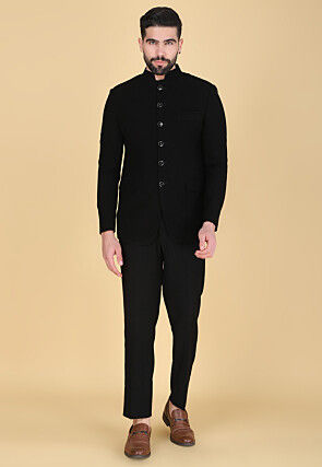 Solid Color Polyester Jodhpuri Suit in Black