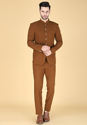 Solid Color Polyester Jodhpuri Suit in Brown