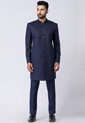 Solid Color Polyester Jodhpuri Suit in Navy Blue