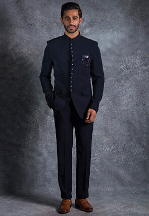 Solid Color Polyester Jodhpuri Suit in Navy Blue