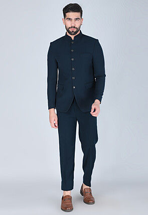 Solid Color Polyester Jodhpuri Suit in Teal Green