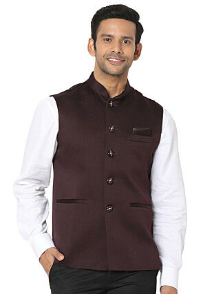 Solid Color Polyester Nehru Jacket in Brown