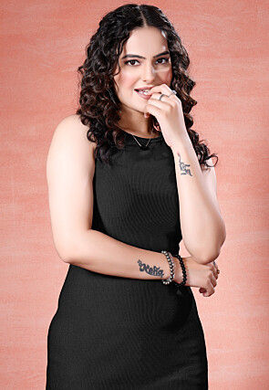 Solid Color Polyester Ribbed Bodycon Dress in Black