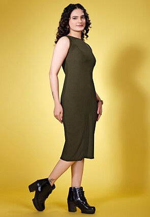 Solid Color Polyester Ribbed Bodycon Dress in Olive Green