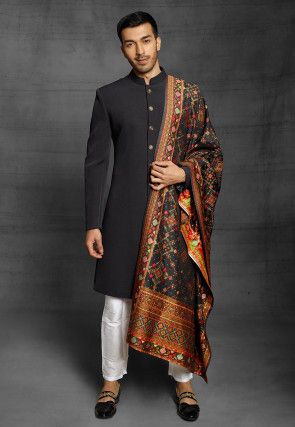 Solid Color Polyester Sherwani in Black