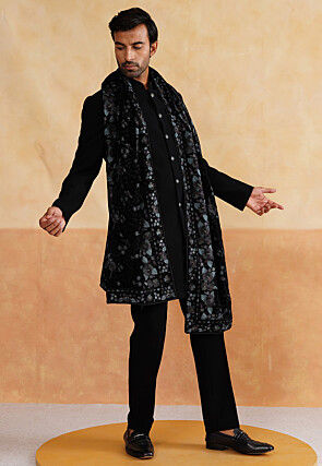 Solid Color Polyester Sherwani in Black