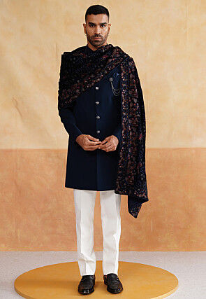 Solid Color Polyester Sherwani in Navy Blue