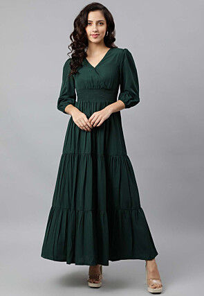 Solid Color Polyester Tiered Dress in Dark Green