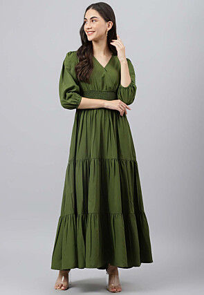 Solid Color Polyester Tiered Dress in Olive Green