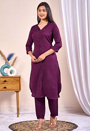Solid Color Polyster A Line Kurta Set in Purple