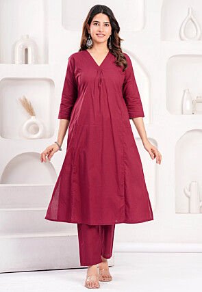 Solid Color Pure Cotton A Line Kurta Set in Dark Pink
