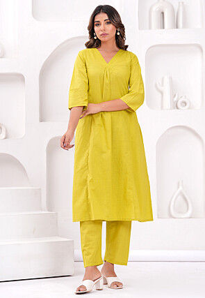 Solid Color Pure Cotton A Line Kurta Set in Light Green