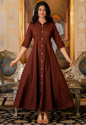 Solid Color Pure Cotton Aline Dress in Brown