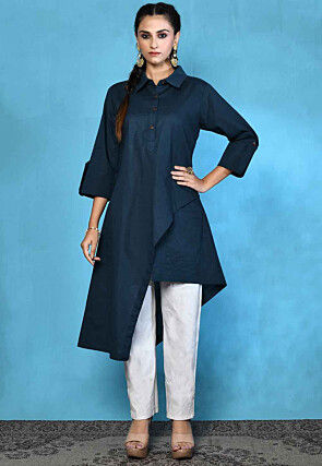 Solid Color Pure Cotton Asymmetric Tunic in Navy Blue