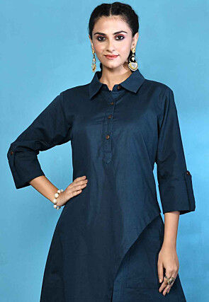 Solid Color Pure Cotton Asymmetric Tunic in Navy Blue