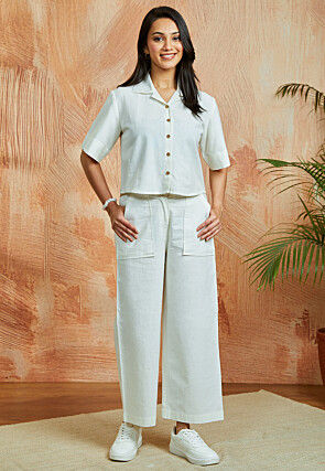 Solid Color Pure Cotton Co Ord Set in Off White