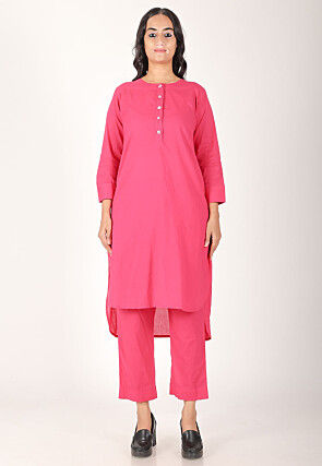Solid Color Pure Cotton High Low Kurta Set in Fuchsia