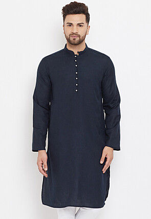 Solid Color Pure Cotton Kurta in Navy Blue