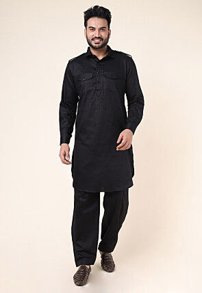 Solid Color Pure Cotton Pathani Suit in Black