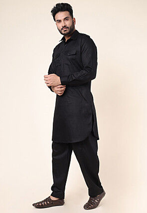 Solid Color Pure Cotton Pathani Suit in Black