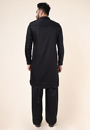 Solid Color Pure Cotton Pathani Suit in Black