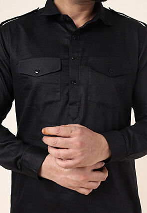 Solid Color Pure Cotton Pathani Suit in Black