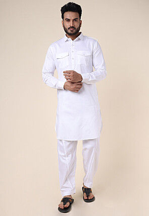 Solid Color Pure Cotton Pathani Suit in White