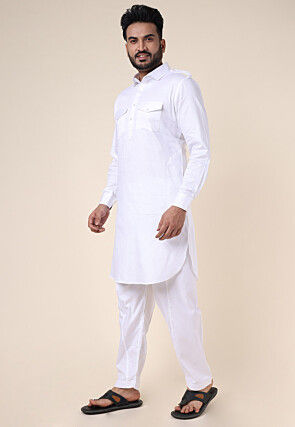 Solid Color Pure Cotton Pathani Suit in White