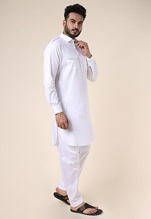 Solid Color Pure Cotton Pathani Suit in White