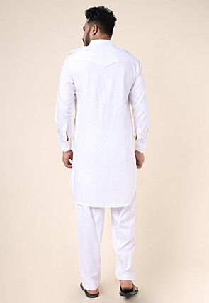 Solid Color Pure Cotton Pathani Suit in White