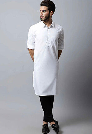 Solid Color Pure Cotton Kurta Set in White