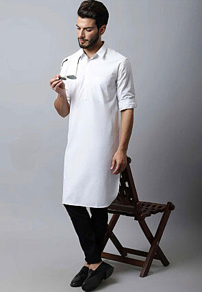 Solid Color Pure Cotton Kurta Set in White