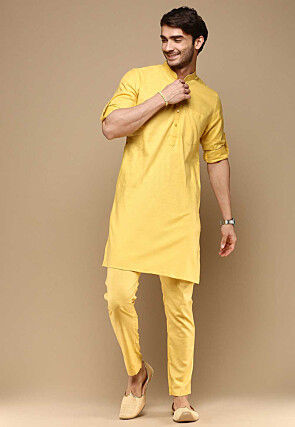 Solid Color Pure Cotton Kurta Set in Yellow