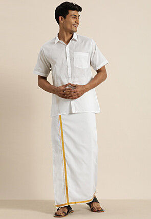 Solid Color Pure Cotton Shirt Mundu Set in White