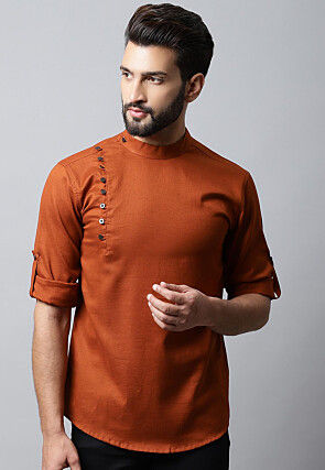 Solid Color Pure Cotton Short Kurta in Dark Rust