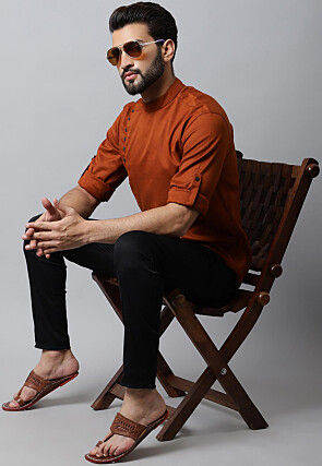Solid Color Pure Cotton Short Kurta in Dark Rust