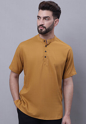 Solid Color Pure Cotton Short Kurta in Light Brown