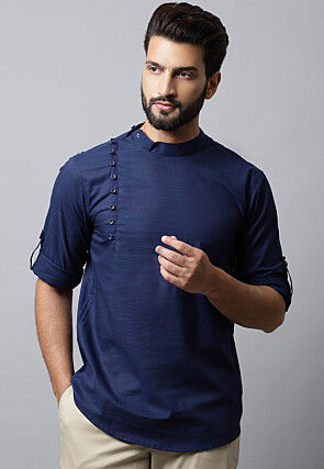 Solid Color Pure Cotton Short Kurta in Navy Blue