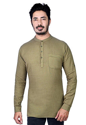 Solid Color Pure Cotton Short Kurta in Olive Green