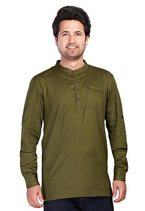 Solid Color Pure Cotton Short Kurta in Olive Green