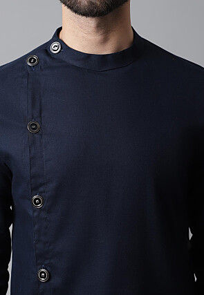 Solid Color Pure Cotton Side Open Kurta in Dark Blue