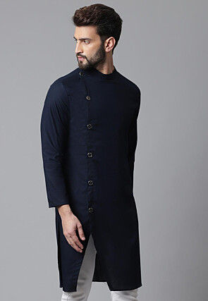 Solid Color Pure Cotton Side Open Kurta in Dark Blue