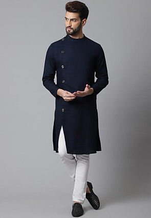Solid Color Pure Cotton Side Open Kurta in Dark Blue