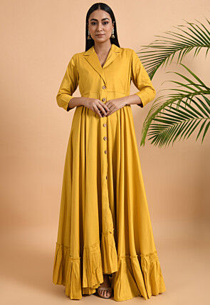 Solid Color Pure Cotton Silk Flared Gown in Dark Yellow