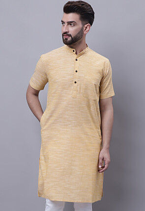 Solid Color Pure Cotton Slub Kurta in Light Yellow