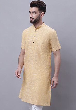Solid Color Pure Cotton Slub Kurta in Light Yellow