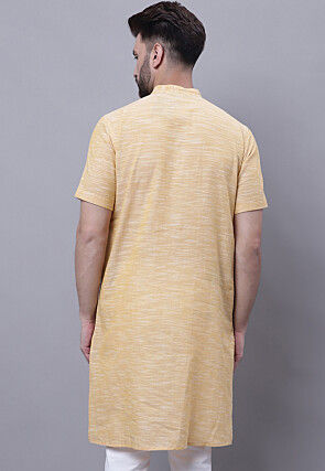 Solid Color Pure Cotton Slub Kurta in Light Yellow